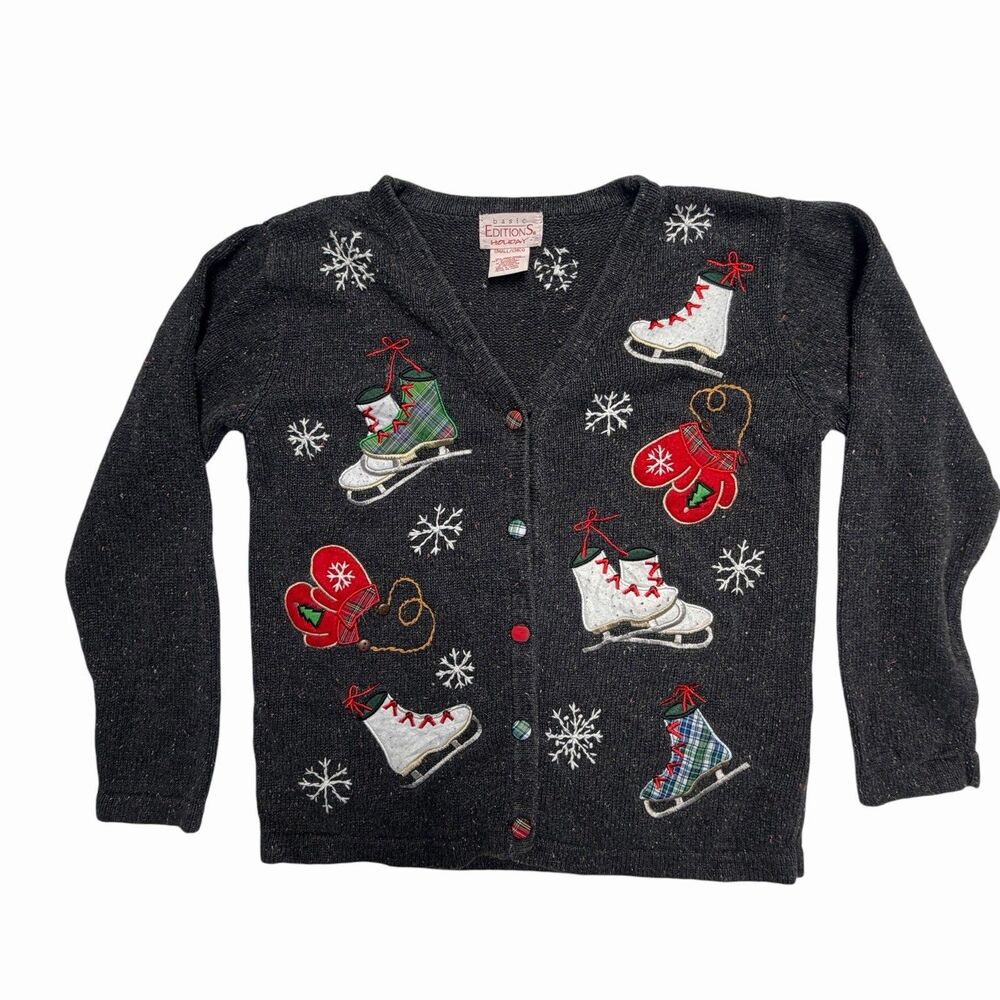 VTG  Editions Christmas Cardigan Ice Skates Mittens Snowflakes Holiday Sweater